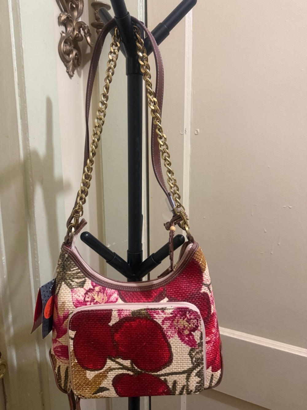 Floral Shoulder Bag w/Gold Chain Strap